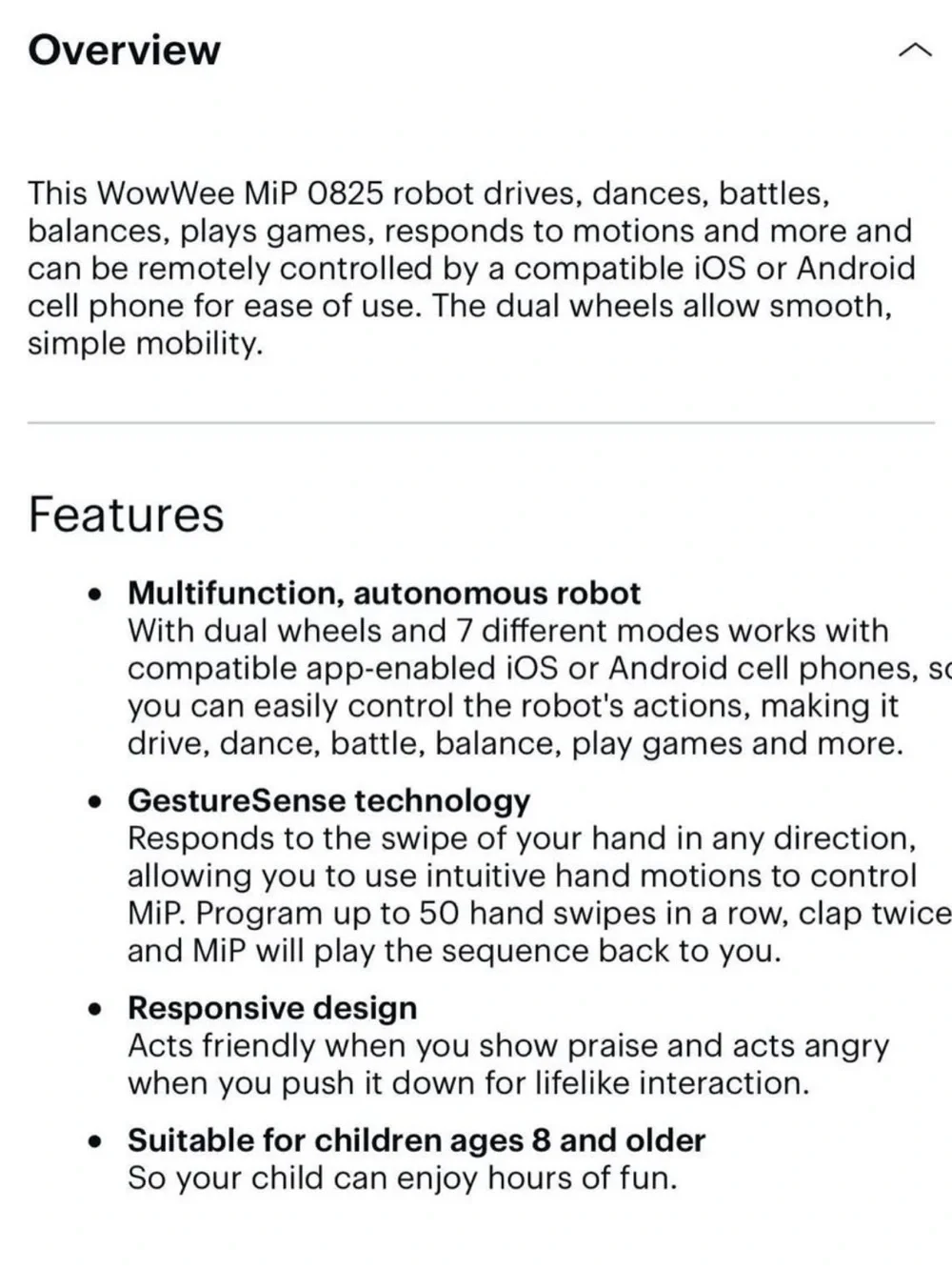 WowWee Model MiP 0825 Toy GestureSense Robot Black Ages 8+ New